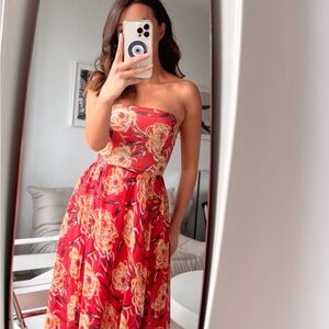 Winter Kate Red/ Floral Vintage Silk Maxi Dress with Corseted Top